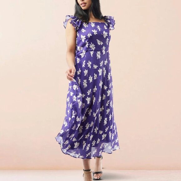 Purple Floral Chiffon Ankle-Length Dress | Muvvas Boutique - Picture 4 of 5
